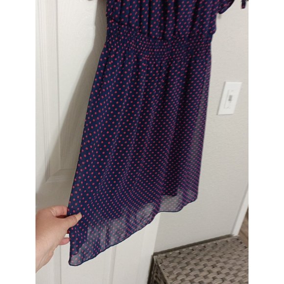 Women's En Focus Blue Polka Dot Pink Drop Waist Flowy Dress Size 14 - Picture 3 of 6